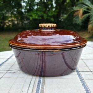 Hull Pottery Casserole Dish w/ Lid Oven Proof USA Mirror Brown Drip Oval 10 Inch